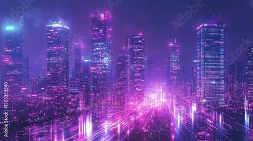 Wallpaper Mural Neon-lit cityscape at night, vibrant purple and pink hues. Illustrates futuristic technology, digital innovation, and urban progress. Torontodigital.ca