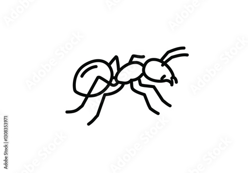 Ant clip art black and white. This image shows a simple black and white line drawing of an ant with six legs, antennae, and segmented body parts. Vector illustration design.