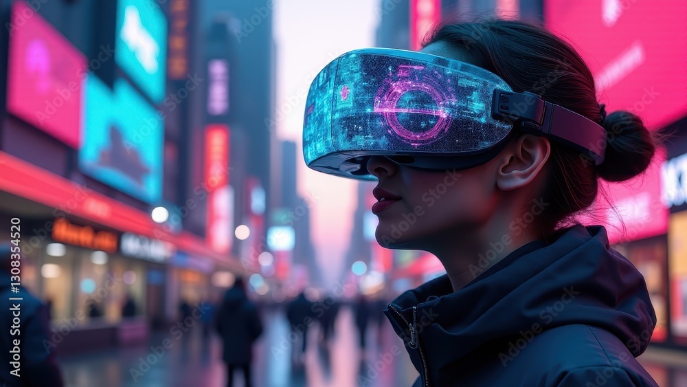 Augmented reality HUDs, A futuristic AR headset with vibrant HUD interface in a neon-saturated cityscape at dusk Augmented reality HUDs, A futuristic AR headset with vibrant HUD interface in a neon-saturated cityscape at dusk