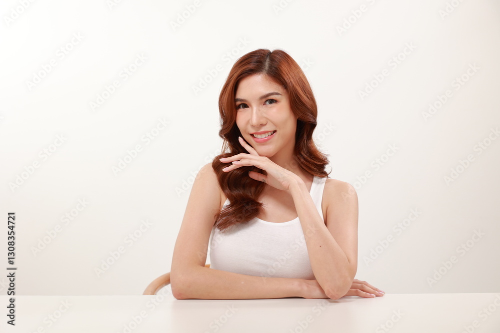 Beautiful Asian woman portrait, makeup, skin care, fresh, natural, Asian style makeup, hand-made look, white background