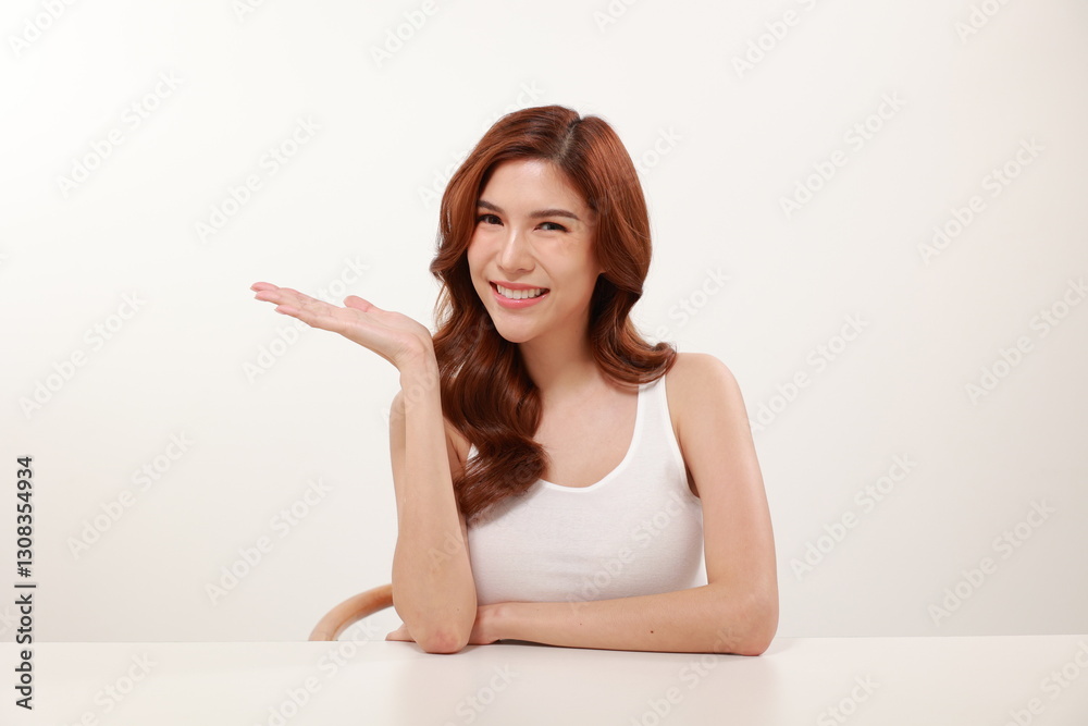 Beautiful Asian woman portrait, makeup, skin care, fresh, natural, Asian style makeup, hand-made look, white background