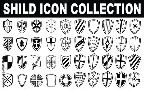Shield Icon Collection 40 AI Medieval and Modern Shield Designs – Vector Outline Symbols for Knights, Warriors, Security, Coat of Arms, and Heraldry – High-Quality Black and White Shield Graphics