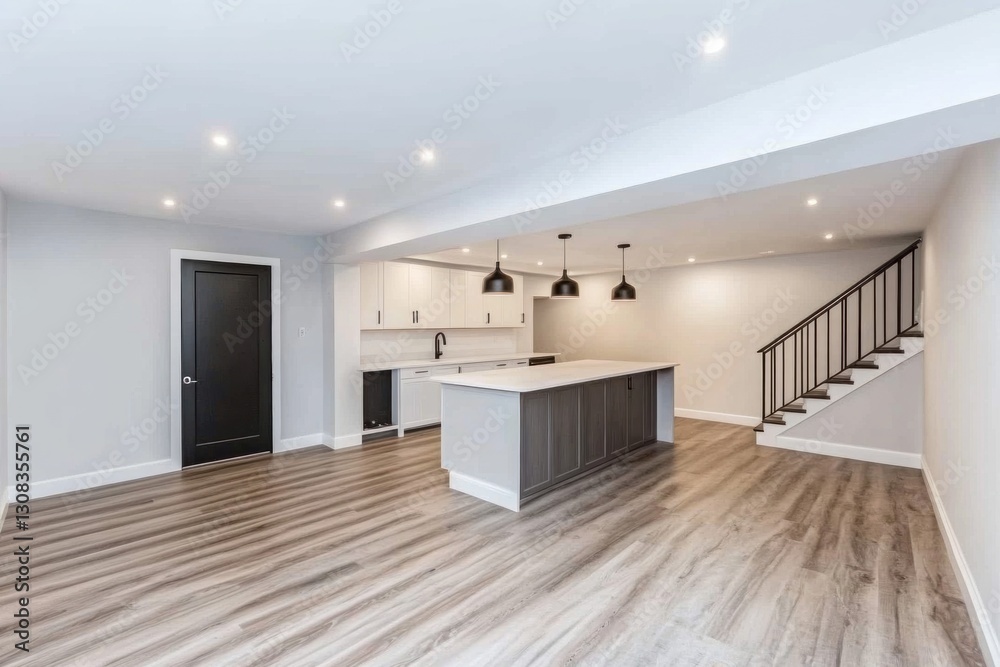 Modern basement kitchen with open layout, stairs, and flooring Modern basement kitchen with open layout, stairs, and flooring