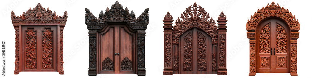 Detailed Carvings and Ornamental Patterns Adorn the Elaborate Wooden Entrance Doors of a Traditional Thai Palace or Temple Facade Detailed Carvings and Ornamental Patterns Adorn the Elaborate Wooden Entrance Doors of a Traditional Thai Palace or Temple Facade
