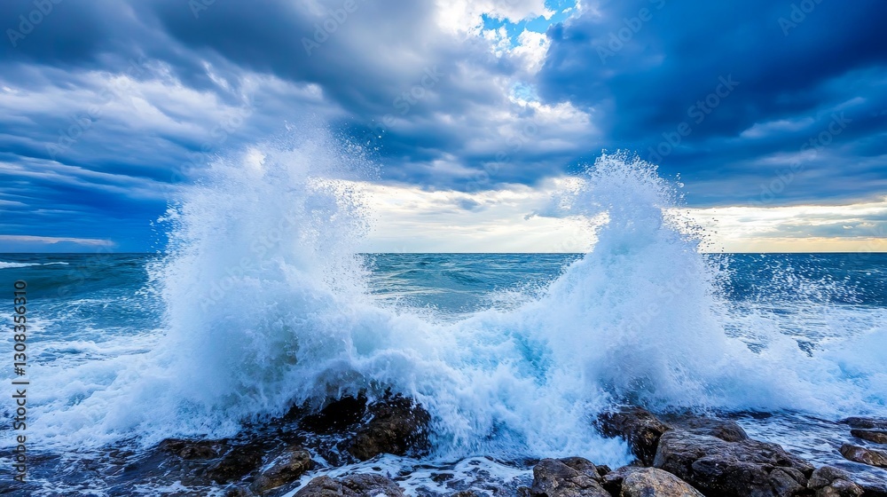 Majestic Ocean Waves Crashing on Rocky Coast - Powerful ocean waves, dramatic sky, rocky shoreline, nature's power, serene beauty. Symbolizing strength, resilience, untamed nature, tranquility Majestic Ocean Waves Crashing on Rocky Coast - Powerful ocean waves, dramatic sky, rocky shoreline, nature's power, serene beauty. Symbolizing strength, resilience, untamed nature, tranquility