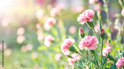Blurred gentle spring background with carnation flowers and sun rays on young greenery