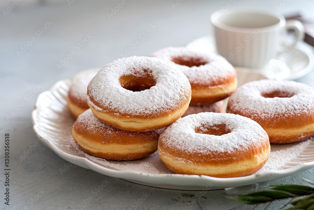 Fresh home-made doughnuts with powdered sugar on a white plate Fresh home-made doughnuts with powdered sugar on a white plate