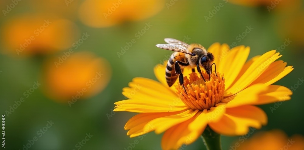 Busy bee on vibrant summer flower, collecting nectar, outdoors, vibrant Busy bee on vibrant summer flower, collecting nectar, outdoors, vibrant