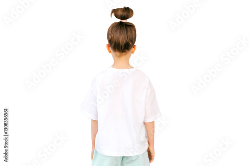 The girl is wearing a white blank T-shirt. Stylish cute girl. Template for design, copy space for logo, text. Back view. Mockup..