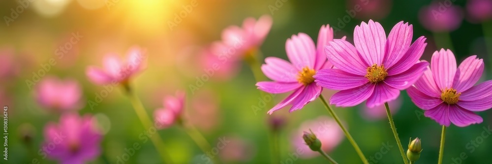 Cosmos flowers in full bloom, soft sunlight, green foliage , wildflower, soft, macro Cosmos flowers in full bloom, soft sunlight, green foliage , wildflower, soft, macro