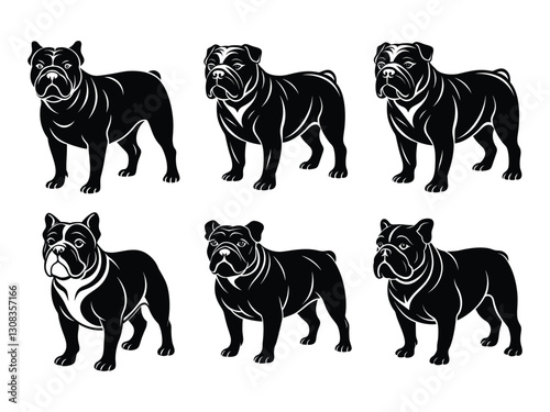 Playful and friendly bulldog collection silhouette isolated on white background