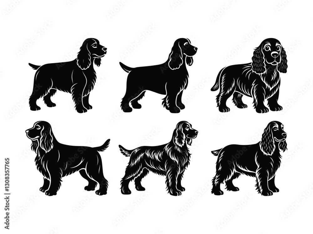Set of cocker spaniel dog illustrations in standing pose silhouette isolated on white background Set of cocker spaniel dog illustrations in standing pose silhouette isolated on white background