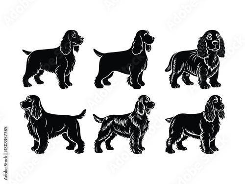 Set of cocker spaniel dog illustrations in standing pose silhouette isolated on white background