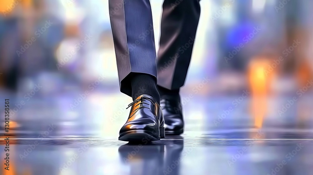 A close up of a person in a suit and tie walking on a wet floor A close up of a person in a suit and tie walking on a wet floor