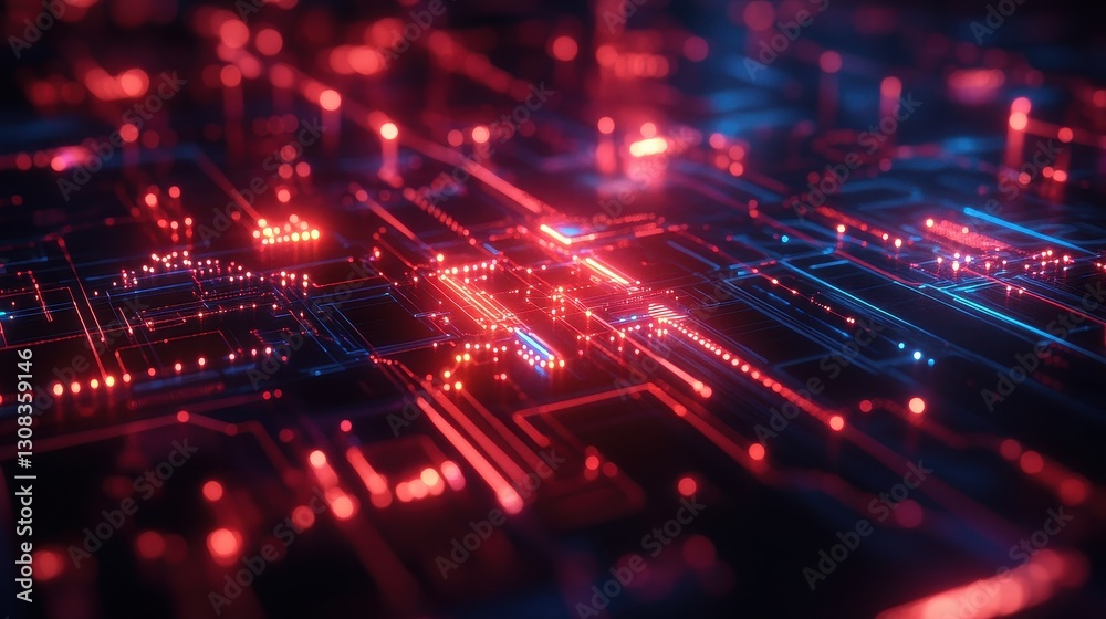Abstract glowing circuit board, red and blue lines. Ideal for tech, AI, and digital concepts, showcases innovation and technology. Abstract glowing circuit board, red and blue lines. Ideal for tech, AI, and digital concepts, showcases innovation and technology.