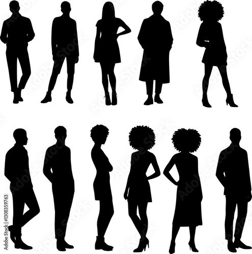 Vector silhouettes man and women, illustration. Silhouettes of young people posing in fashionable clothes. EPS 10 version.