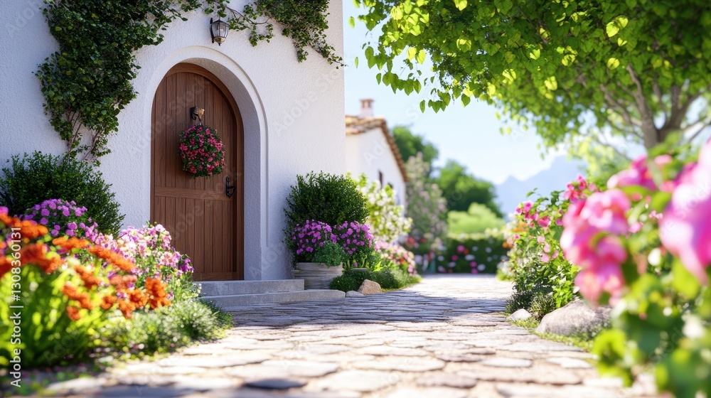 Naklejka premium Enchanting House Front with Arched Wooden Door, Stone Pathway, and Blooming Flowers Creating a Welcoming Ambiance