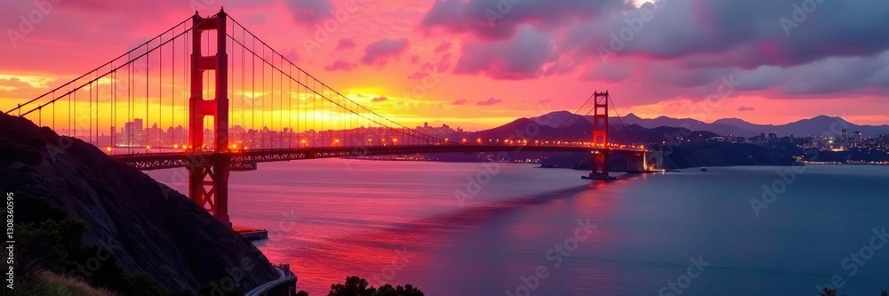 Fototapeta premium Golden Gate Bridge sunset, city skyline reflected in bay, west coast, travel, skyline