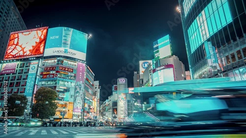 Tokyo, Japan - 13 Feb 2025 : Timelapse view of the iconic Shibuya crossing at night in Shibuya City, central Tokyo, Japan.