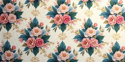 Elegant floral bouquet pattern, featuring delicate roses and lush foliage arranged in a repeating design, ideal for textile, wallpaper, or surface decoration.