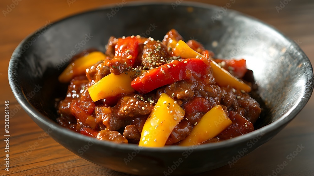 Beef in spicy sauce with red and yellow pepper Beef in spicy sauce with red and yellow pepper