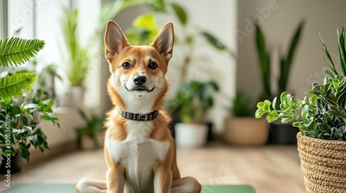 Cute dog sitting amidst indoor plants photo