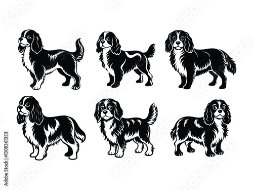 Cute Cavalier King Charles spaniel illustrations silhouette isolated on white background