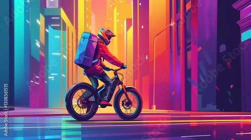 Modern courier on e-bike food delivery concept