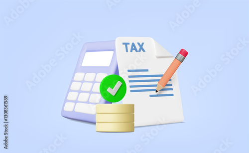 Vector 3D render icon of calculator, tax document, pen and stacked coins with green check symbol. Concept of correct tax calculation and efficient tax management. For accounting, tax and finance use.