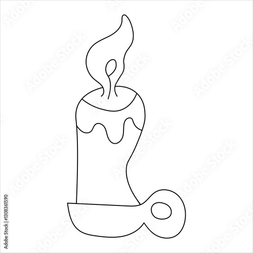 Candle in a candlestick, doodle illustration. Simple black-and-white outline drawing, hand-drawn, isolated on a white background. Children's coloring page, Halloween, themed design, children's books.
