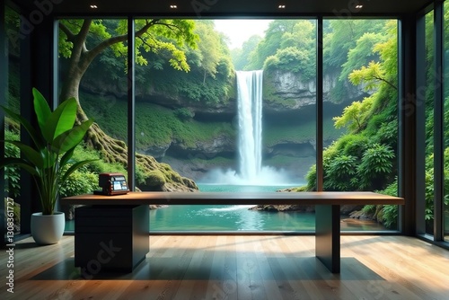 Modern desk, waterfall backdrop, lush greenery, large windows, workspace, calm