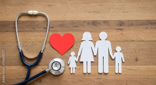 Take out health insurance for family. Stethoscope, paper heart and silhouette of family on wooden background top view. Generative AI.
