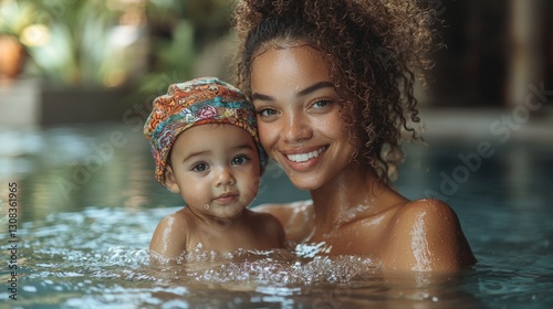 Mother holds baby in pool with blurred tropical background in sunny weather