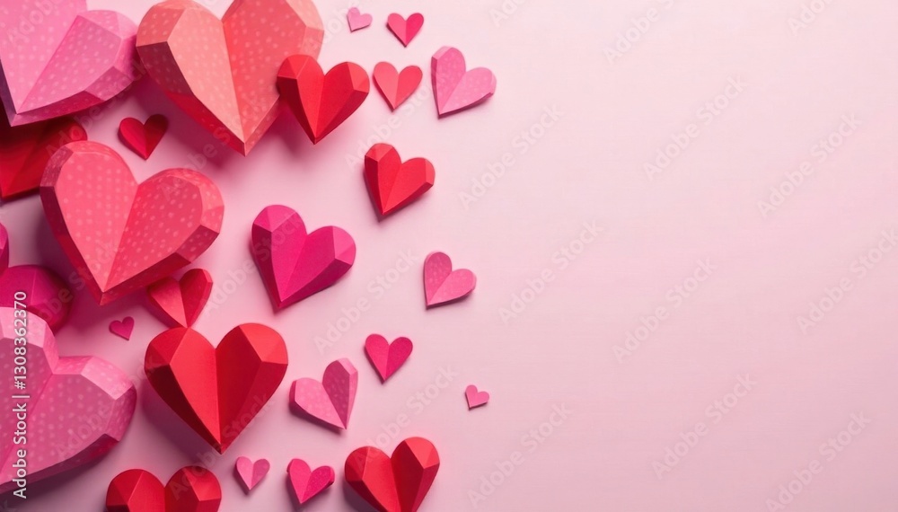 Numerous paper hearts in varying shades of pink and red, softly layered on a pale pink backdrop , pattern, Valentine, celebration Numerous paper hearts in varying shades of pink and red, softly layered on a pale pink backdrop , pattern, Valentine, celebration