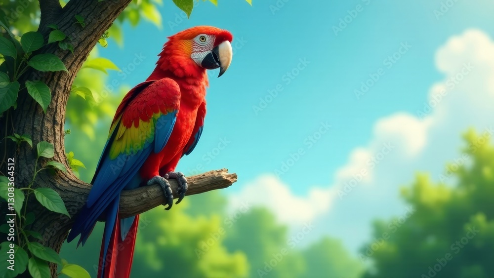 Obraz premium Vibrant Scarlet Macaw Perched on a Branch, Enjoying a Sunny Day in Lush Greenery