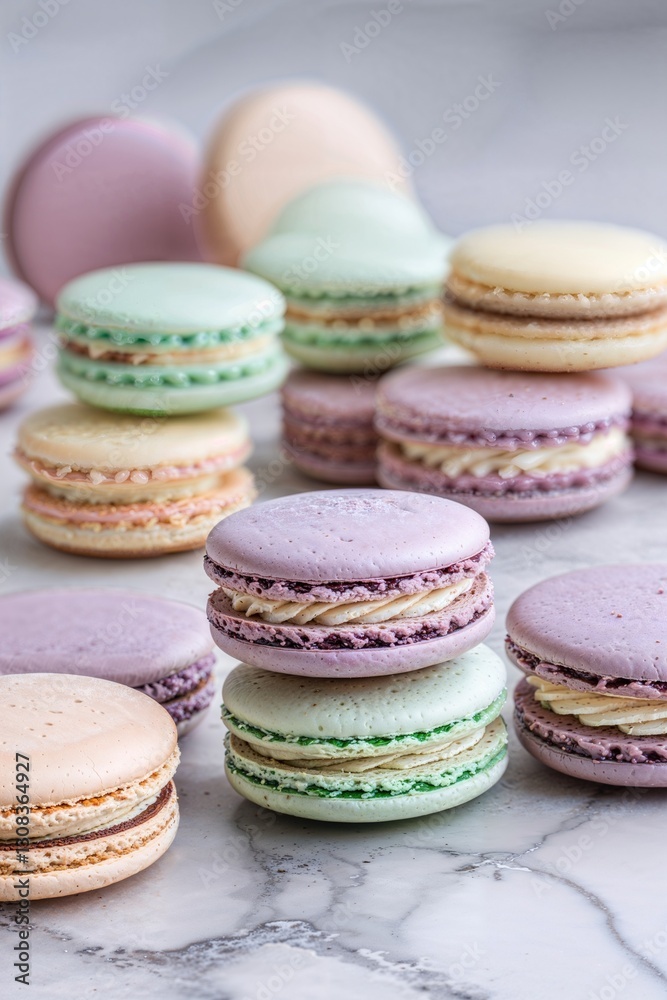 image of delicate and colorful macarons arranged elegantly on a light-colored marble surface. The macarons should be in soft, pastel colors like pale pink, lavender, mint green, and light yellow. image of delicate and colorful macarons arranged elegantly on a light-colored marble surface. The macarons should be in soft, pastel colors like pale pink, lavender, mint green, and light yellow.