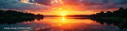 Lake Fayetteville sunset; intense yellow hues against a deep brilliant blue sky , vibrant, landscape, evening