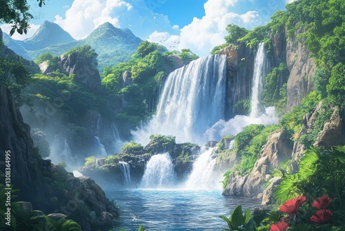 Serene waterfall cascading down lush green mountains, vibrant tropical paradise. Ideal for travel, nature, and tranquility themes, evokes peace and escape.