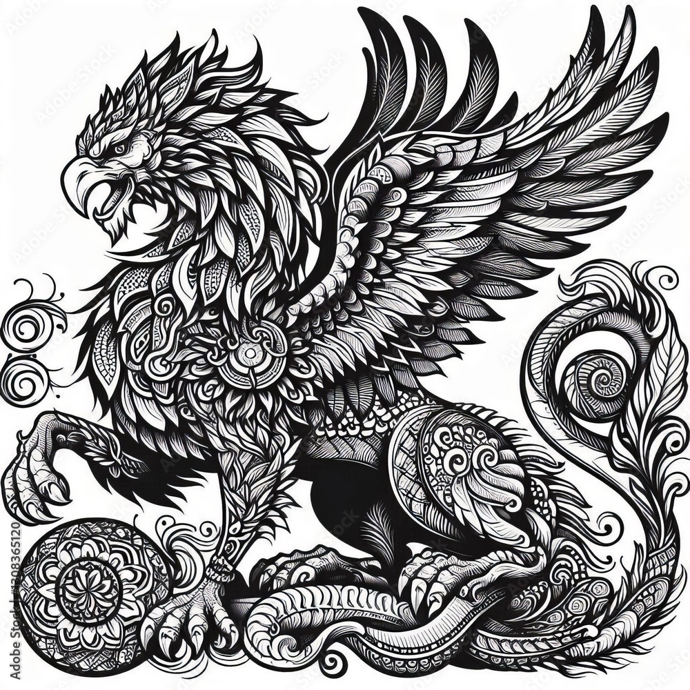 Fototapeta premium Mythological Creature Bold outlines of a griffin dragon or phoen
