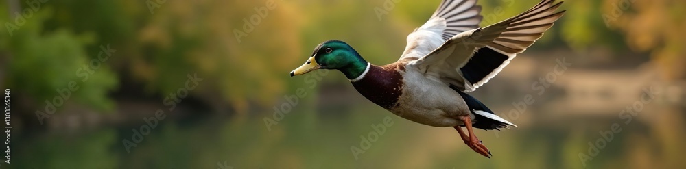 Obraz premium Mallard hen airborne, showcasing iridescent wing feathers, animal, iridescent