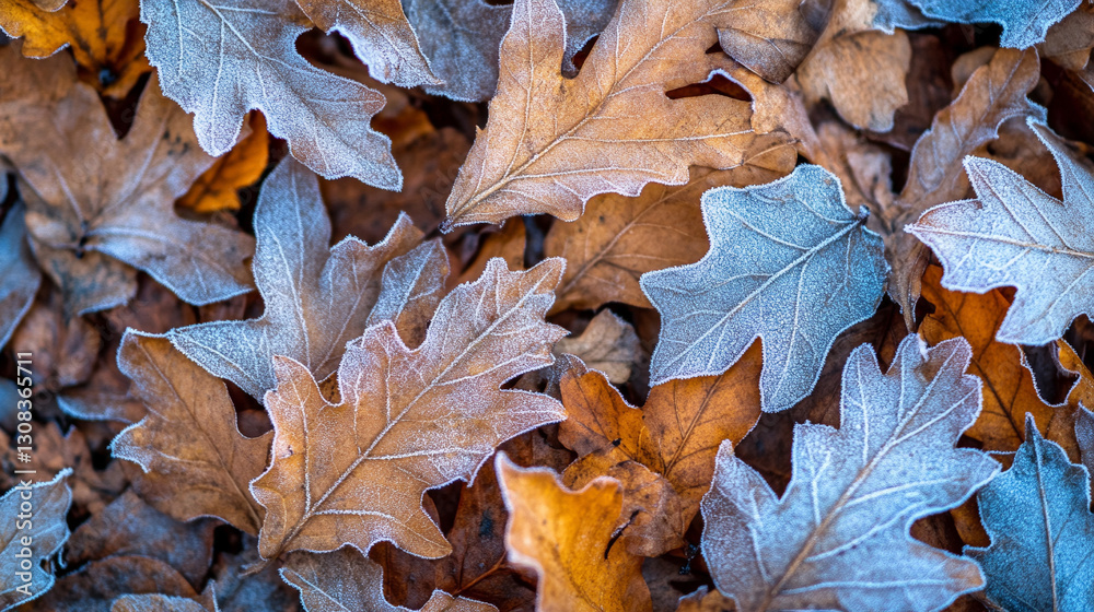Fallen oak leaves covered with first hoarfrost, symbolizing the change of seasons, resilience, and the passage of time. A natural, serene scene perfect for showcasing winter's arrival Fallen oak leaves covered with first hoarfrost, symbolizing the change of seasons, resilience, and the passage of time. A natural, serene scene perfect for showcasing winter's arrival