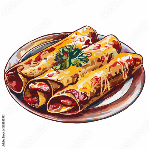 Watercolor Illustration of Cheesy Enchiladas with Salsa