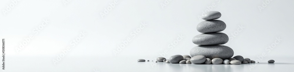 Grey sea pebbles stacked in a balanced tower on white , smooth stones, pebbles Grey sea pebbles stacked in a balanced tower on white , smooth stones, pebbles