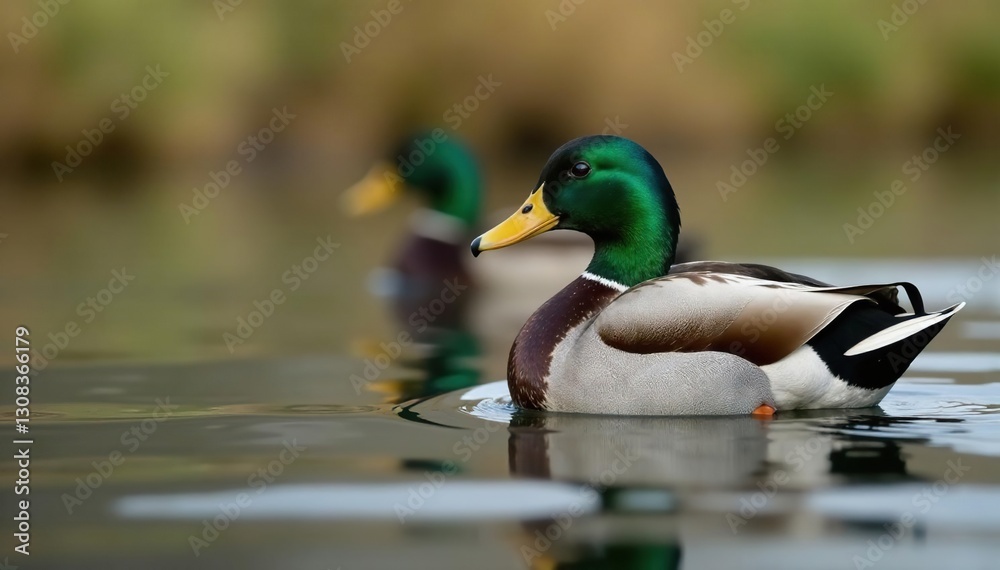 Green-headed mallard hen paddling calmly near reeds , creature, peaceful, bird Green-headed mallard hen paddling calmly near reeds , creature, peaceful, bird