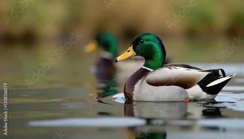 Green-headed mallard hen paddling calmly near reeds , creature, peaceful, bird