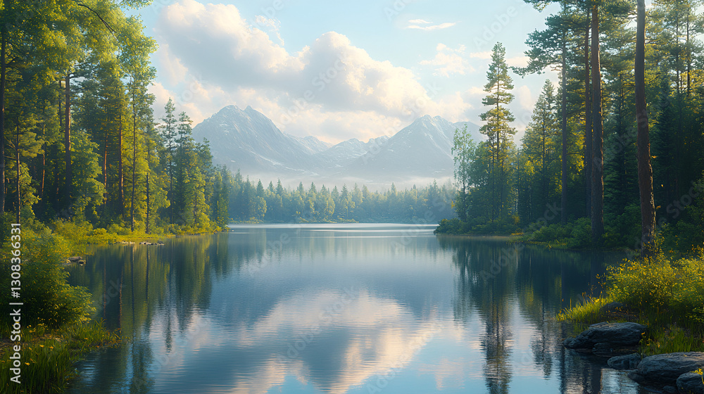 Naklejka premium Serene mountain lake with dense evergreen forest, misty peaks, romantic scenery, idyllic wilderness 