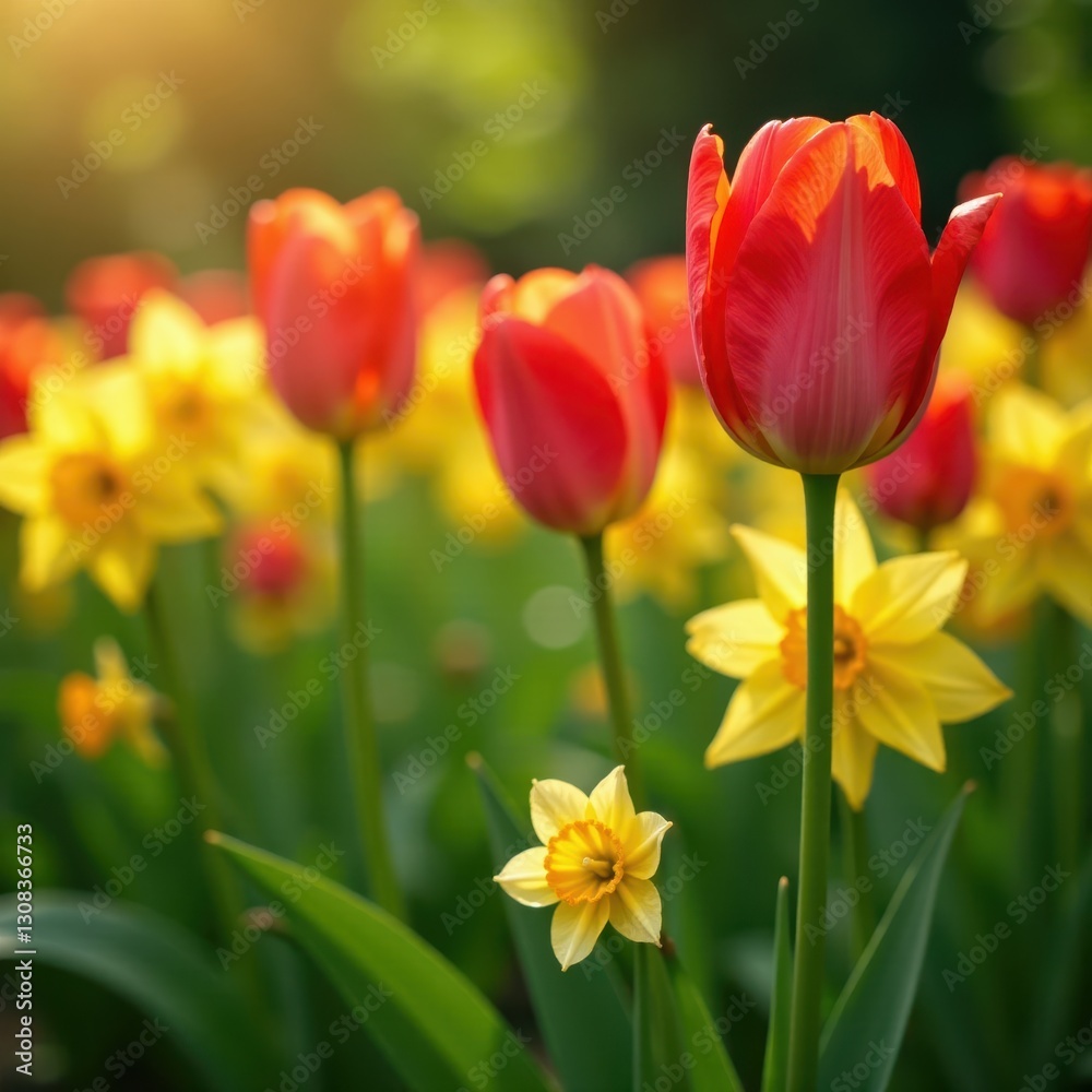 Vibrant tulips and daffodils blooming in a spring garden , leaves, red Vibrant tulips and daffodils blooming in a spring garden , leaves, red