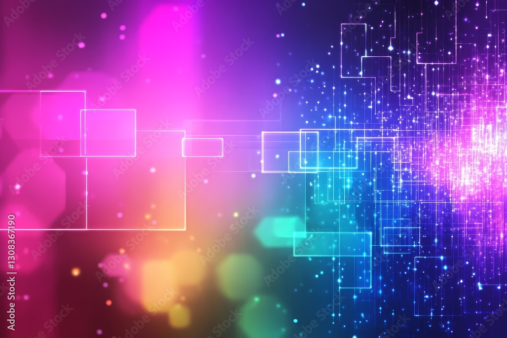 Fototapeta premium Abstract Network Connection - Vibrant abstract background featuring interconnected glowing squares and lines, representing network connections and data flow