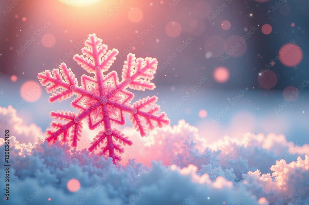 Fototapeta premium Beautiful pink snowflake in snow, winter pastel light colors, magical holiday season, generative AI, depth of field, dreamy mood, soft lighting, warm atmosphere, painterly style, high quality, sparkl