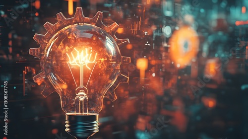 Illuminating Innovation: A Glowing Gear Lightbulb Symbolizing Technological Advancement and Ingenious Ideas